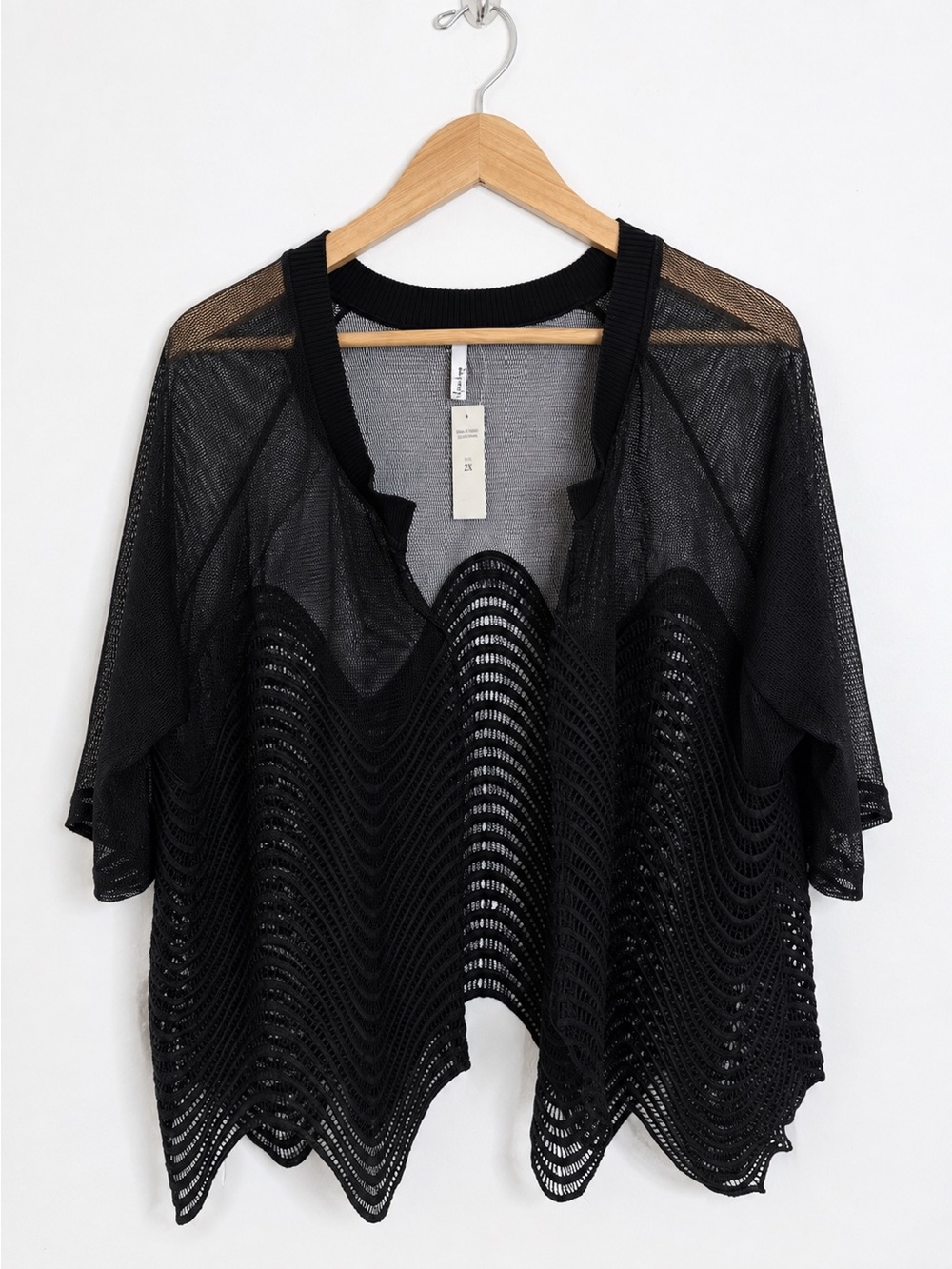 Mirror Image NWT Black Sheer Open Front Mesh Wave Knit Scallop Boho Goth Top 2X